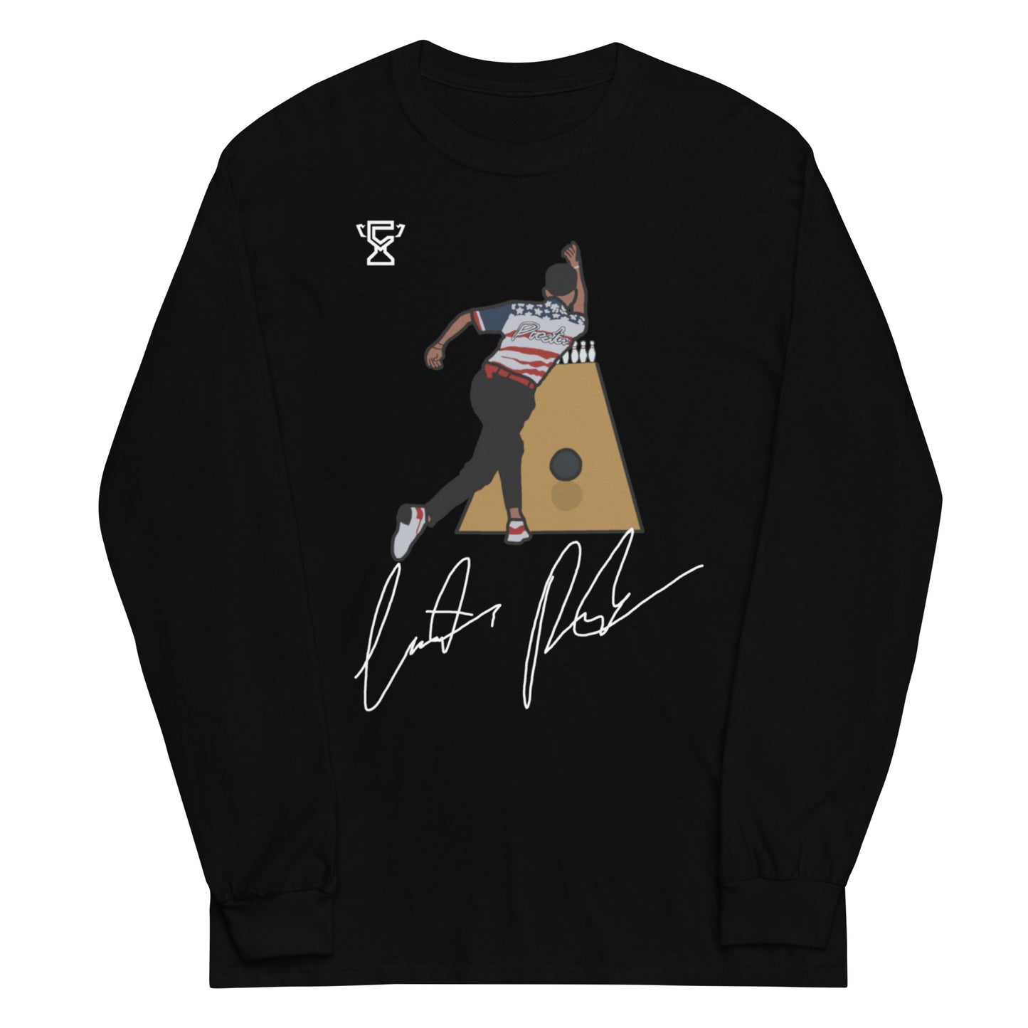 Black long sleeve shirt featuring artwork of Justin Preston.