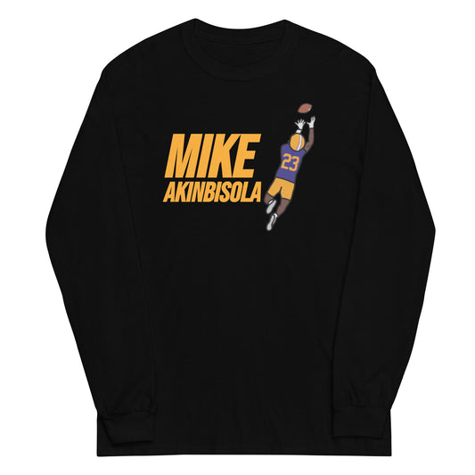 Black long sleeve shirt featuring artwork of Mike Akinbisola.