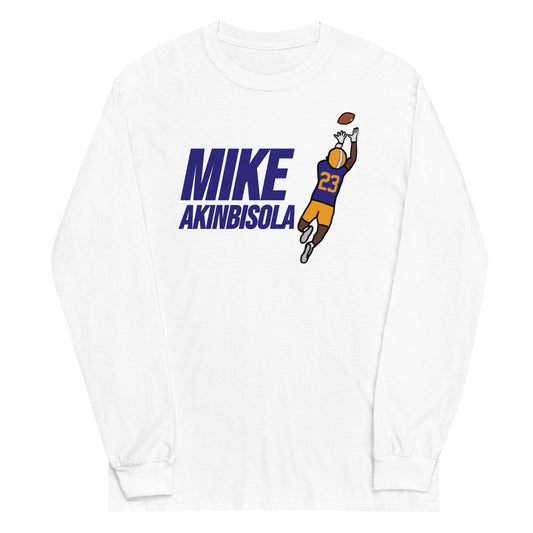 White long sleeve shirt featuring artwork of Mike Akinbisola.