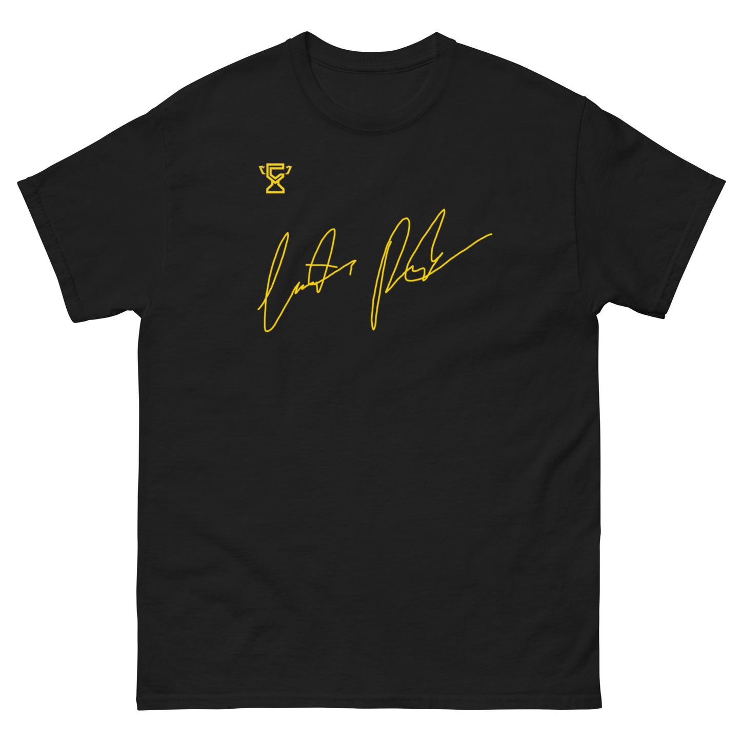 Black t-shirt featuring signature of Justin Preston.