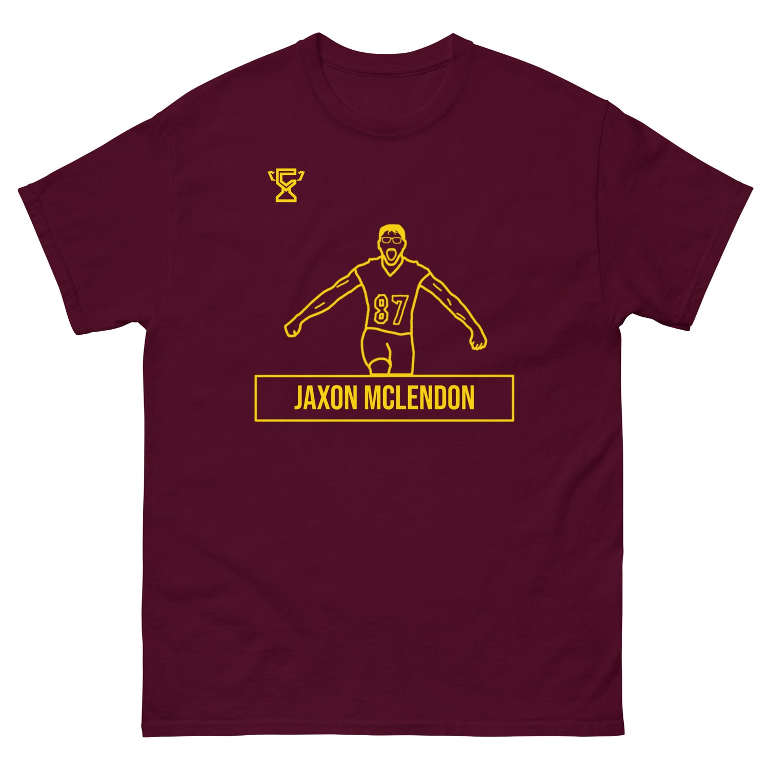 Maroon t-shirt featuring artwork of Jaxon Mclendon.