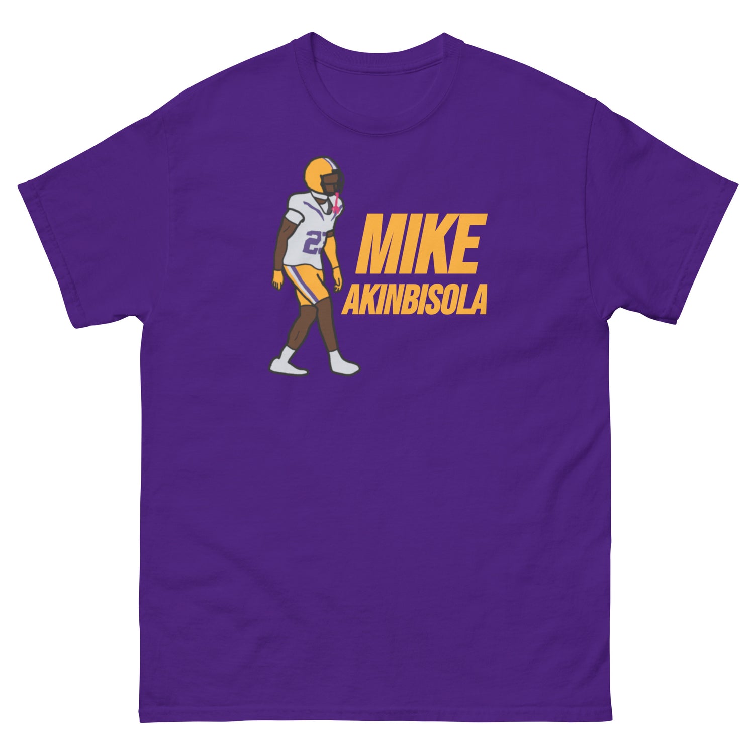 Purple t-shirt featuring artwork of Mike Akinbisola.