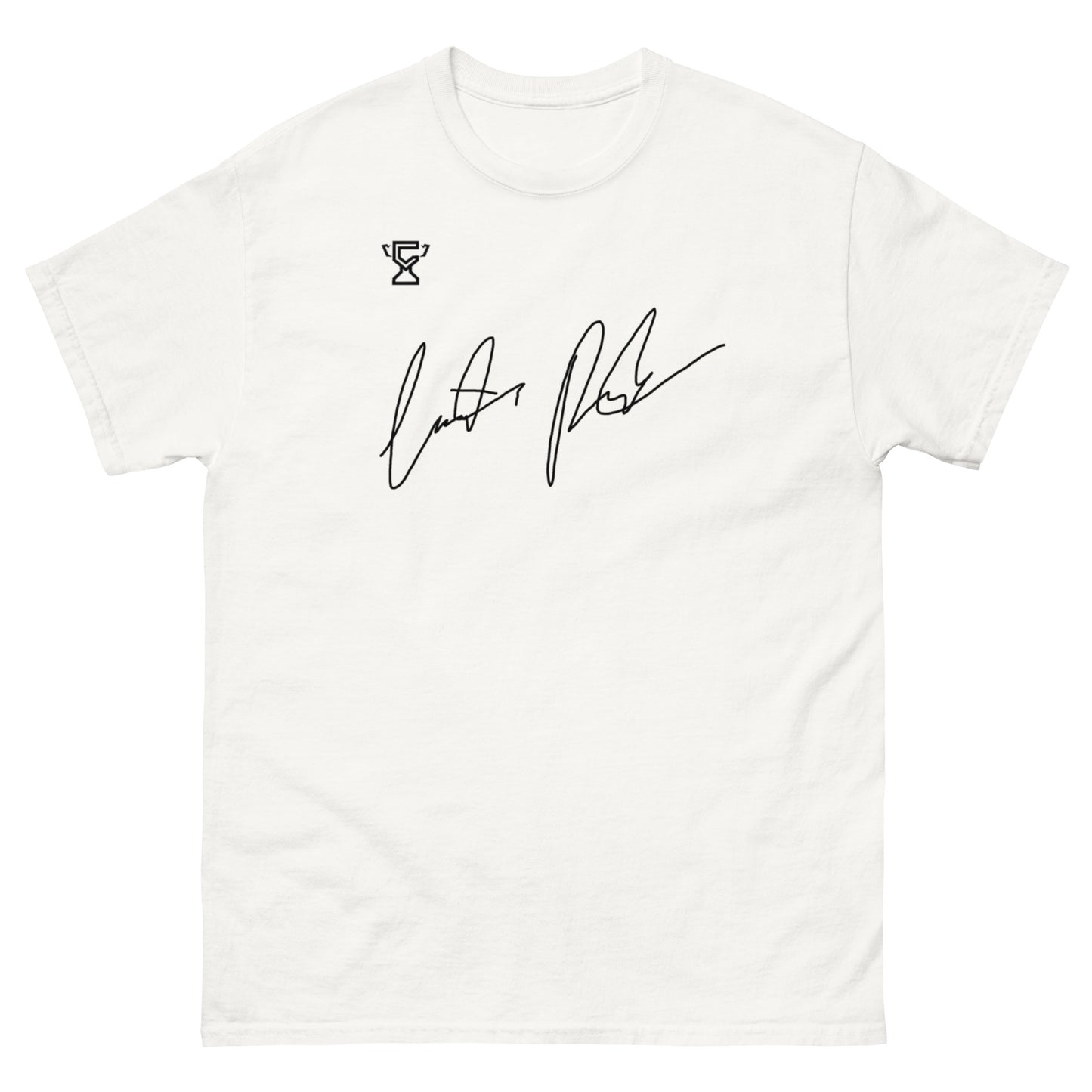 White t-shirt featuring signature of Justin Preston.