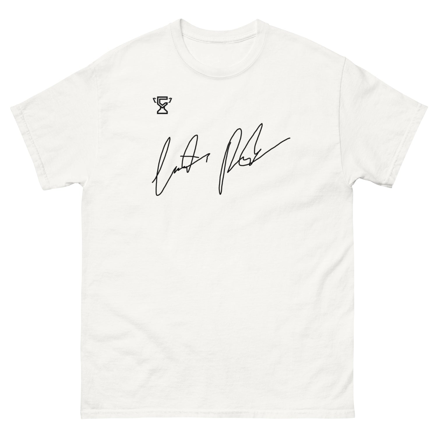 White t-shirt featuring signature of Justin Preston.