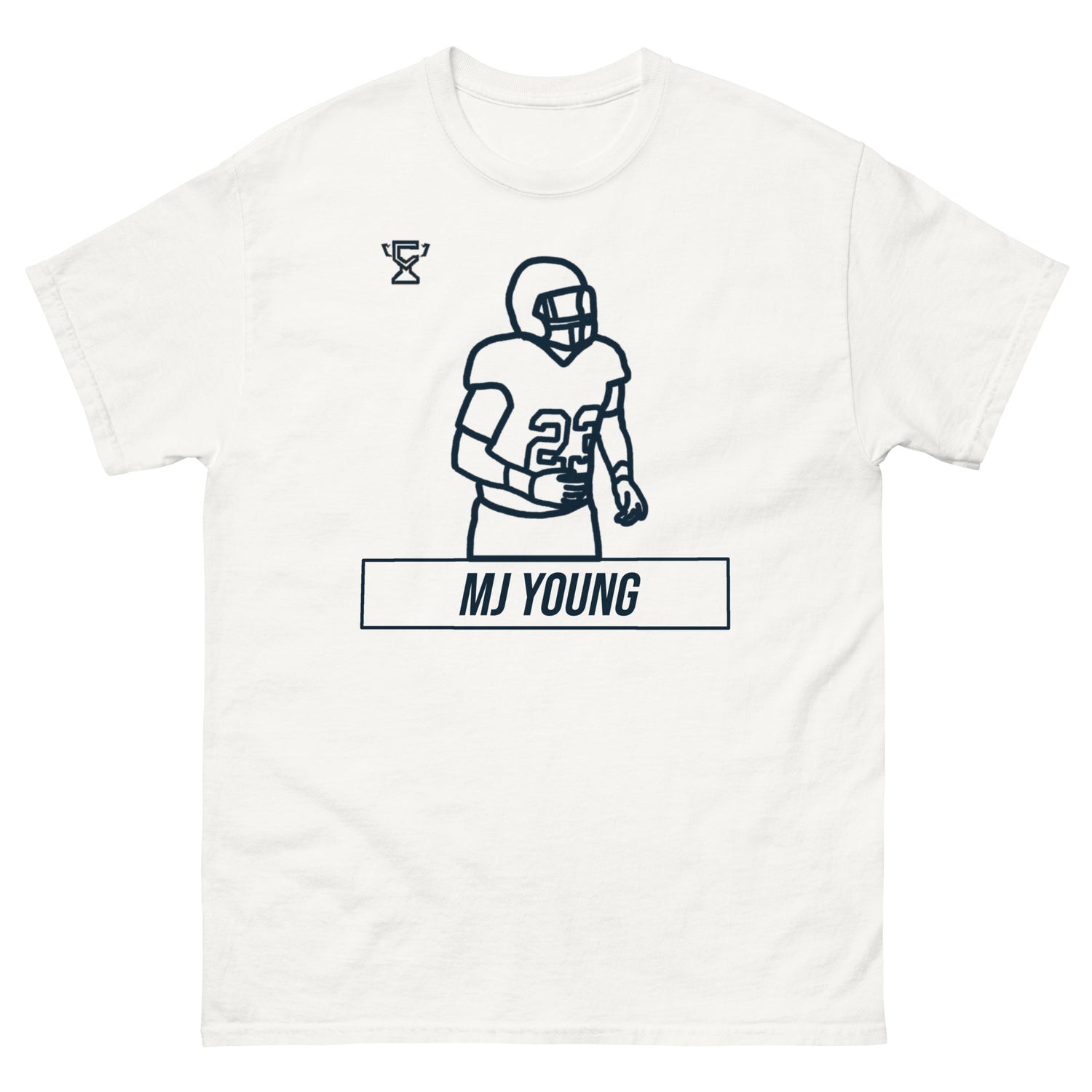 White t-shirt featuring MJ Young.