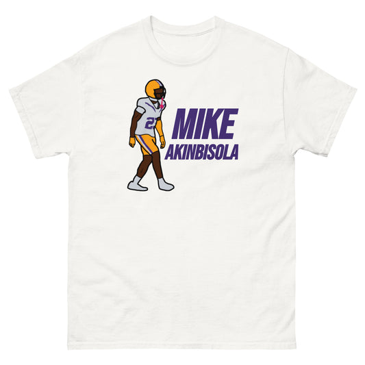 White t-shirt featuring artwork of Mike Akinbisola.