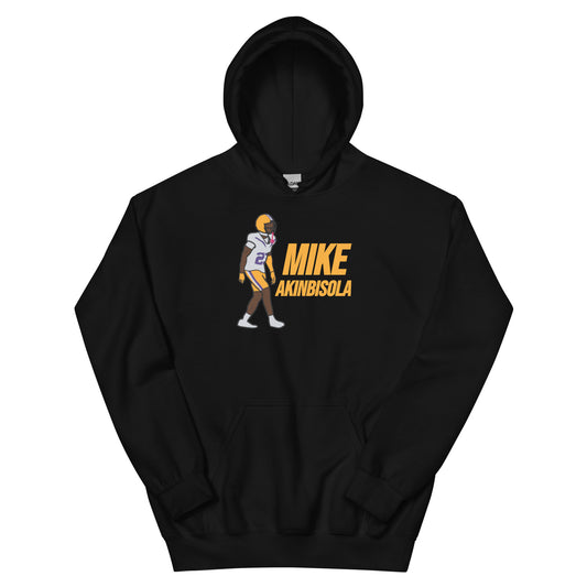 Black hoodie featuring artwork of Mike Akinbisola.