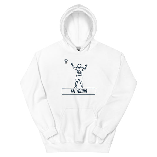 White hoodie featuring MJ Young.