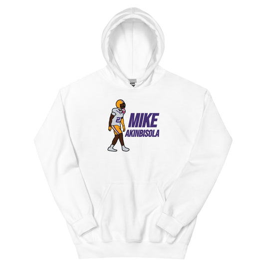 White hoodie featuring artwork of Mike Akinbisola.