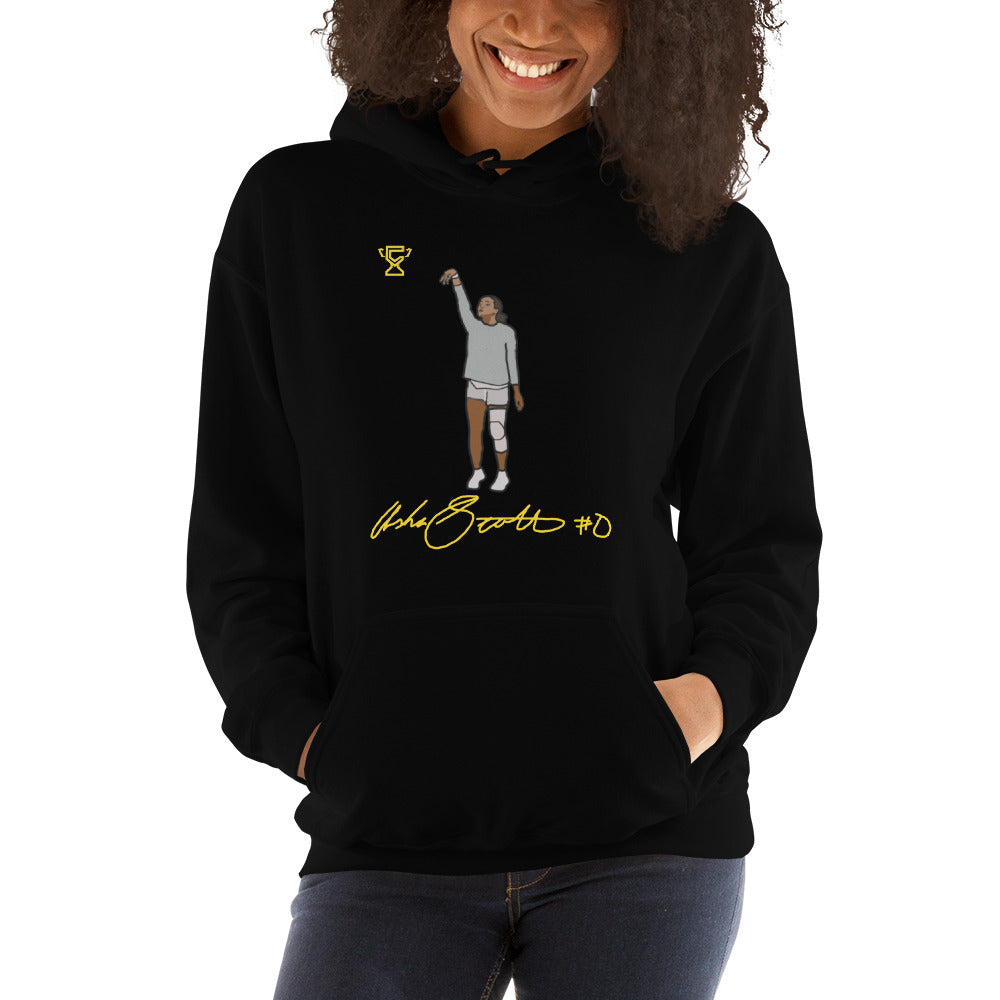 Black hoodie with the image of Asha Scott.